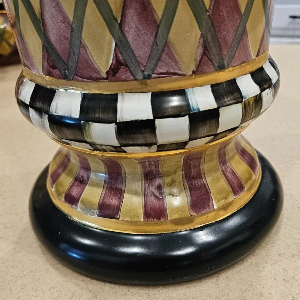 RARE MACKENZIE CHILDS ARGYLE PLAID AURORA CERAMIC COLUMN STORAGE CANISTER JAR